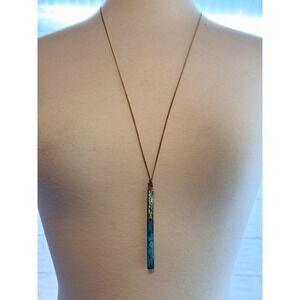 Lena Bernard Brass Bar Necklace Hammered Gold Turquoise Patina Long Pendant